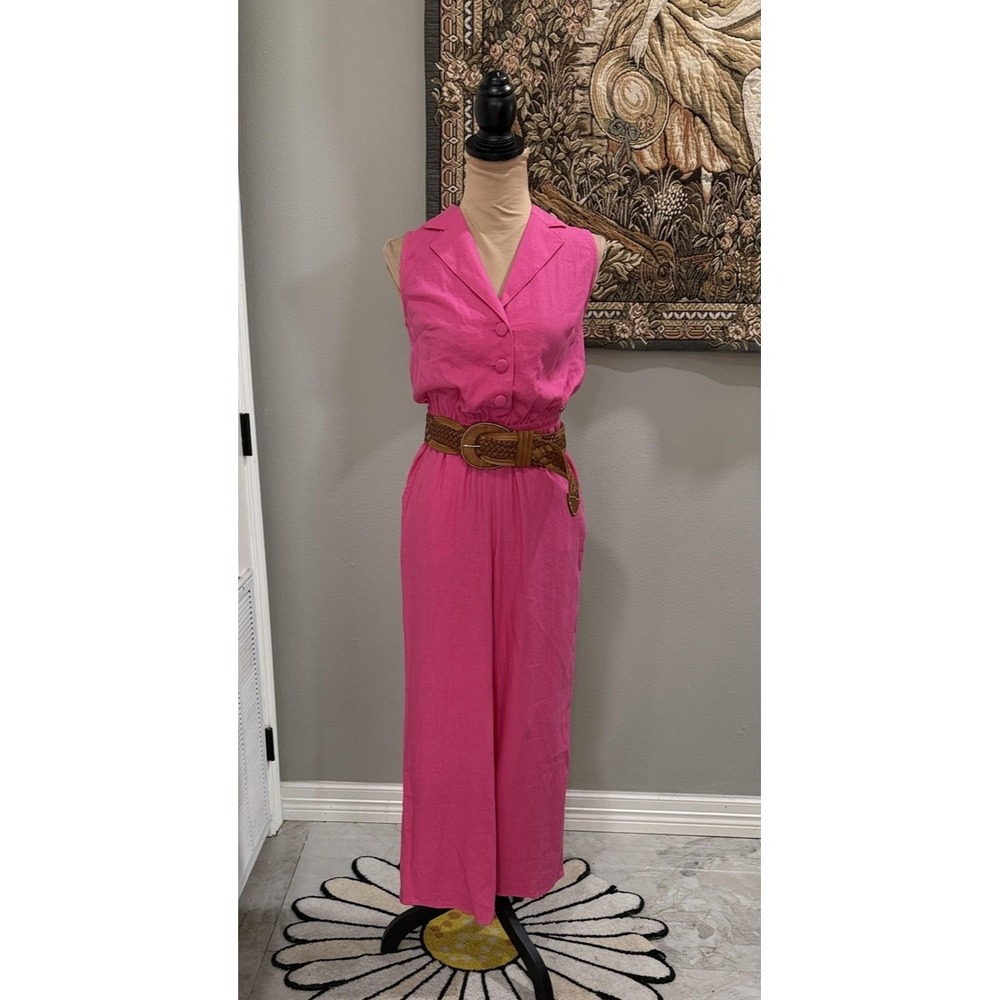 G By Giuliana Jumpsuit Womens XXSP Pink Linen Collared Wide Leg Elastic Waist